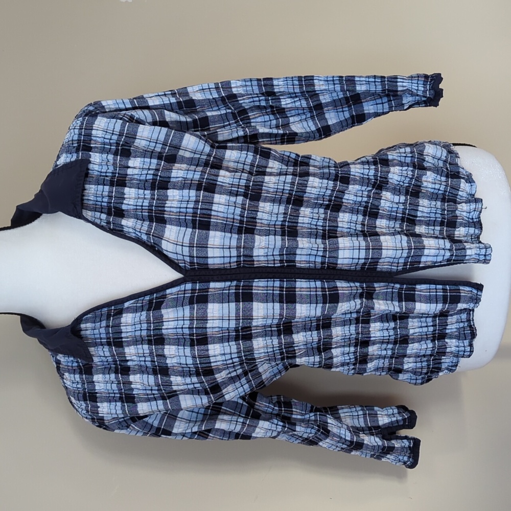 Fashion Bug Stretch Plaid Crinkled Top LARGE Blue